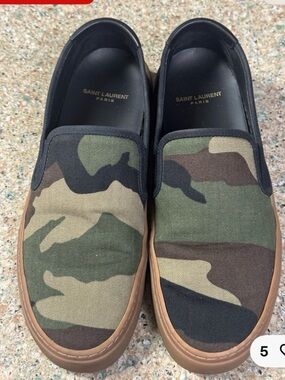 Saint Laurent Camouflage Slip-On Loafers in Green and Brown 42